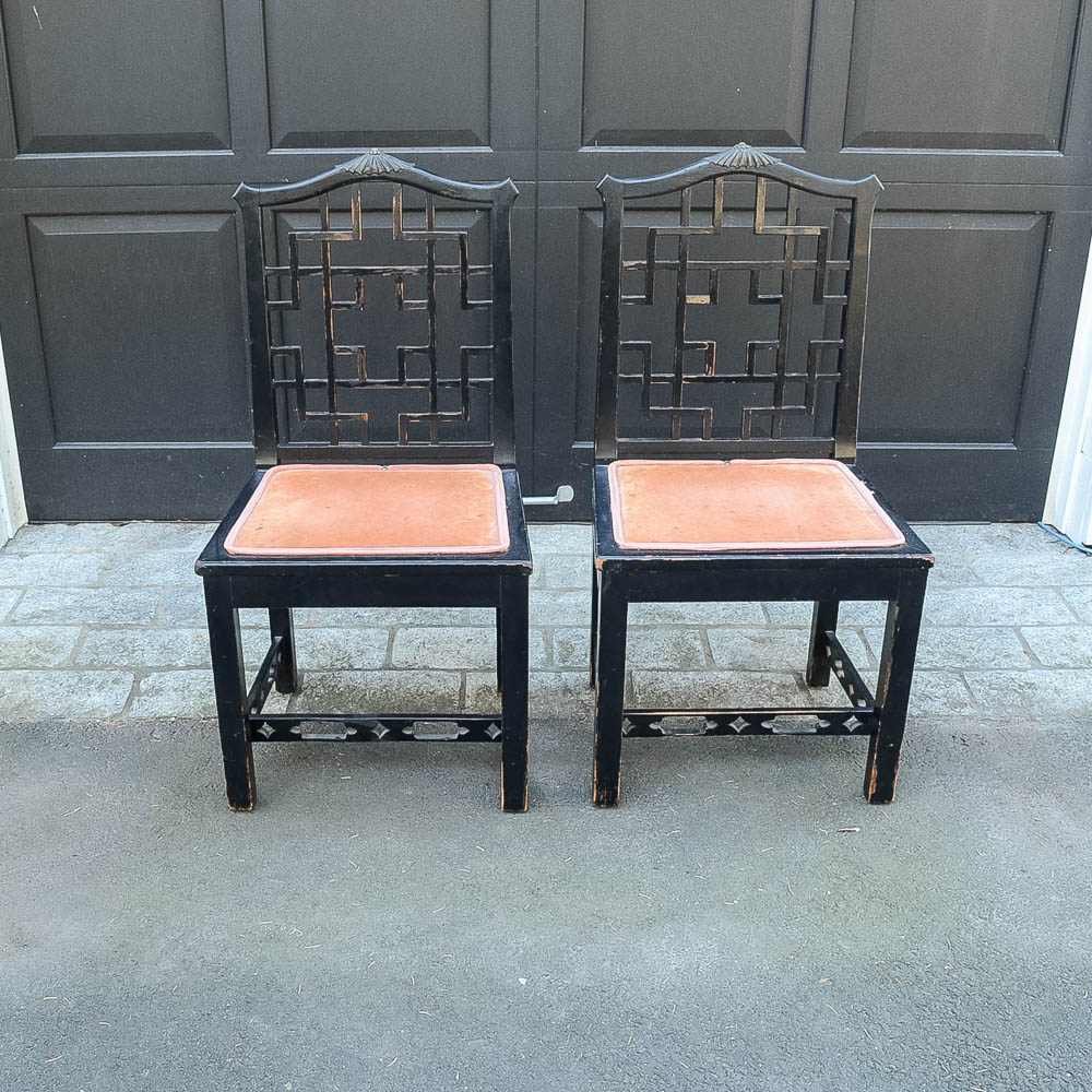Set of Four Chinese Chippendale Style Fretwork Dining Chairs