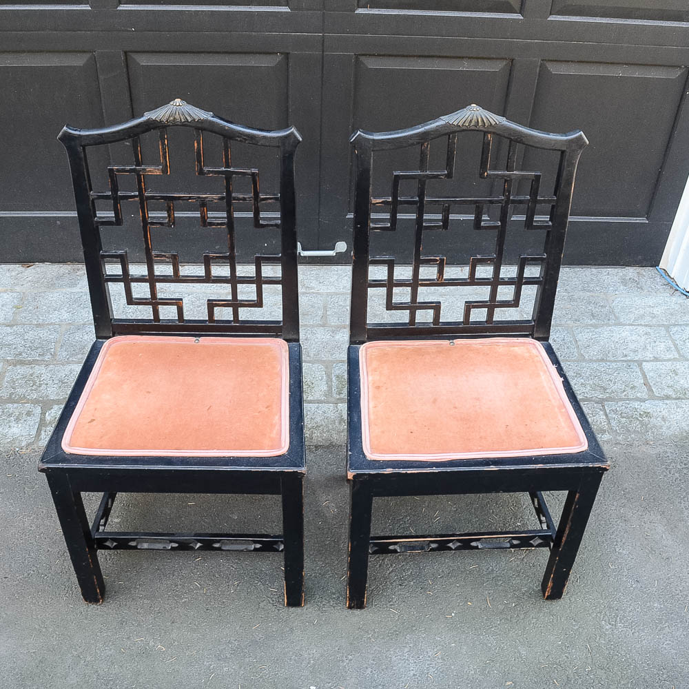 Set of Four Chinese Chippendale Style Fretwork Dining Chairs