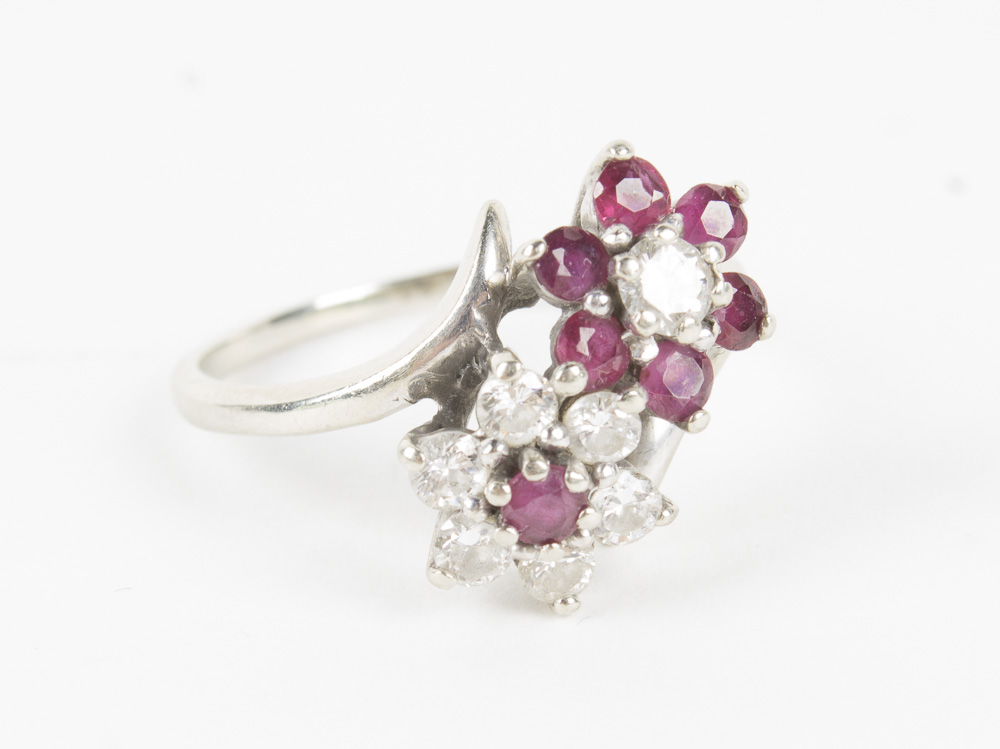 14K White Gold Ruby and Diamond Cluster Ring