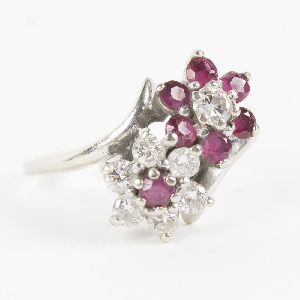 14K White Gold Ruby and Diamond Cluster Ring