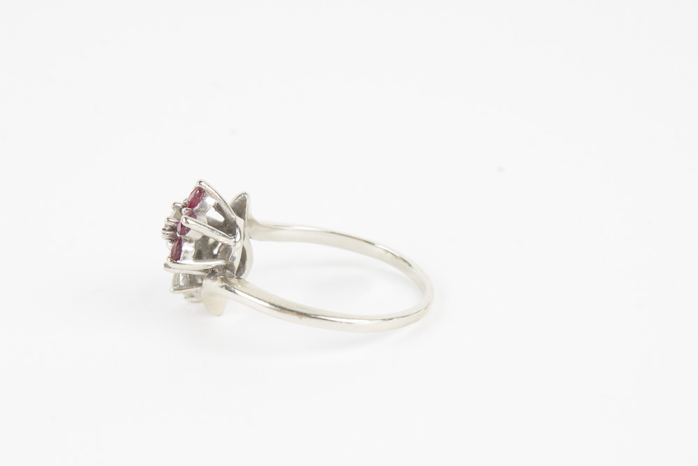 14K White Gold Ruby and Diamond Cluster Ring