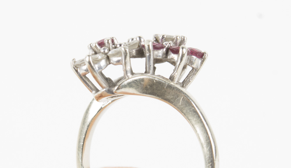 14K White Gold Ruby and Diamond Cluster Ring