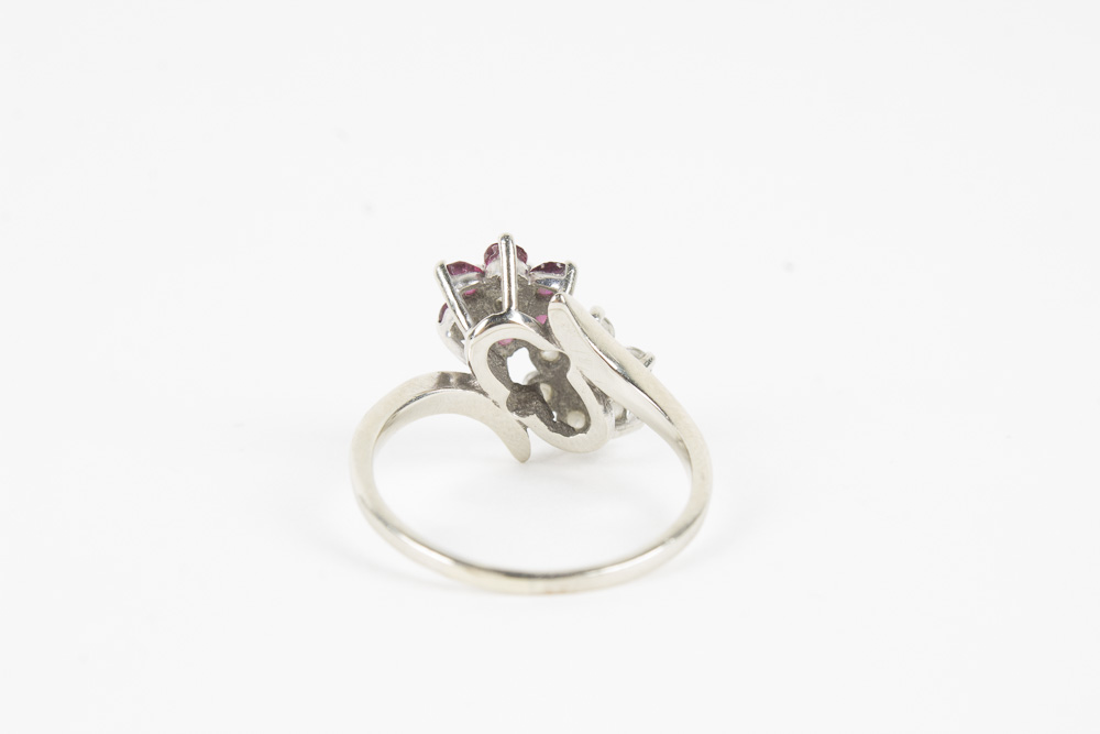 14K White Gold Ruby and Diamond Cluster Ring