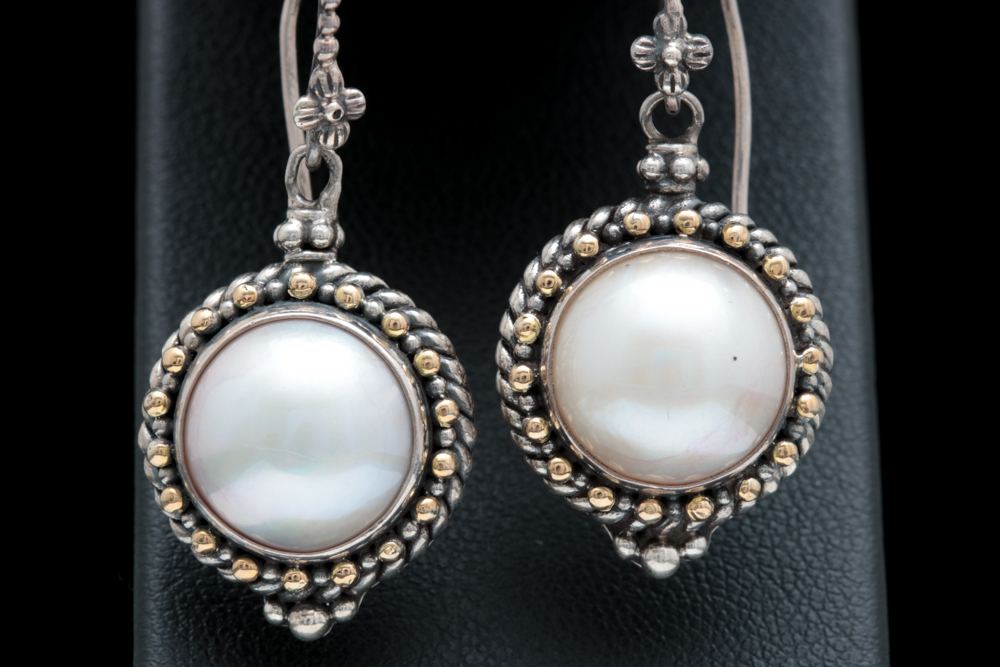 Robert Manse Sterling Silver, 18K Yellow Gold and Mabé Pearl Dangle Earrings