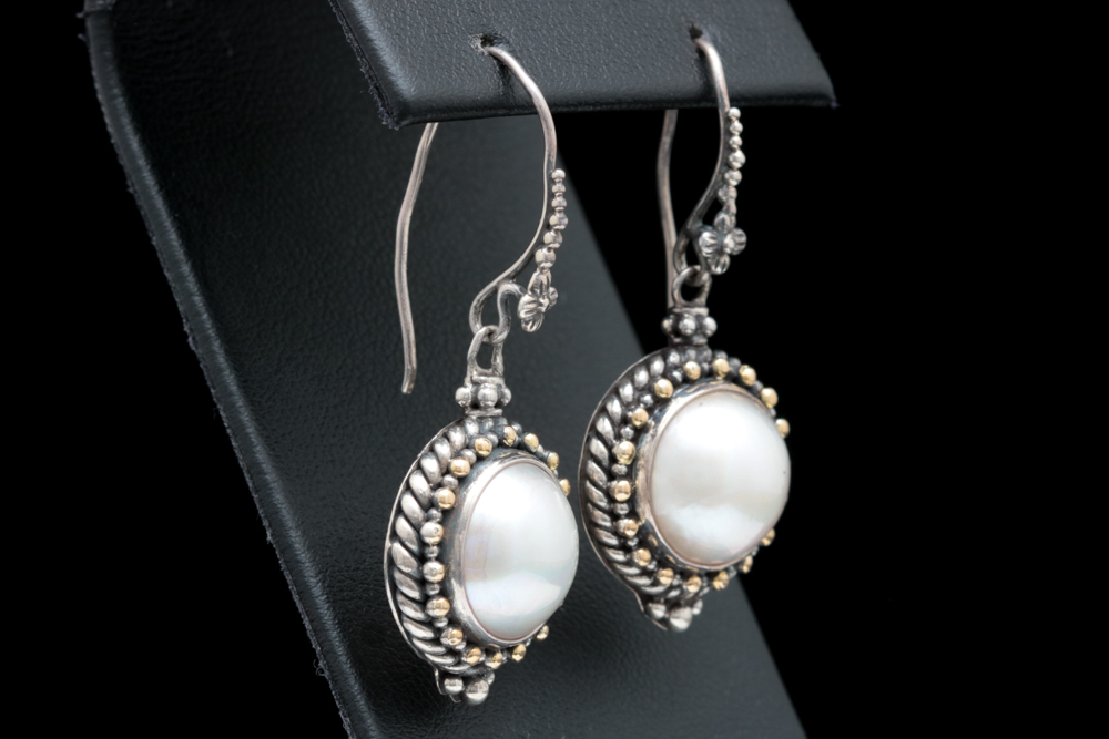 Robert Manse Sterling Silver, 18K Yellow Gold and Mabé Pearl Dangle Earrings