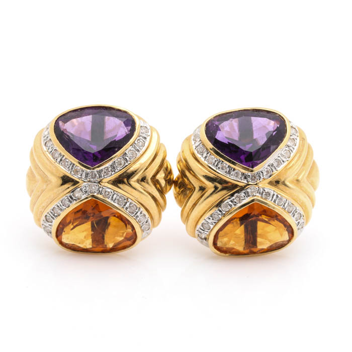 18K Yellow Gold Amethyst, Citrine, and Diamond Earrings