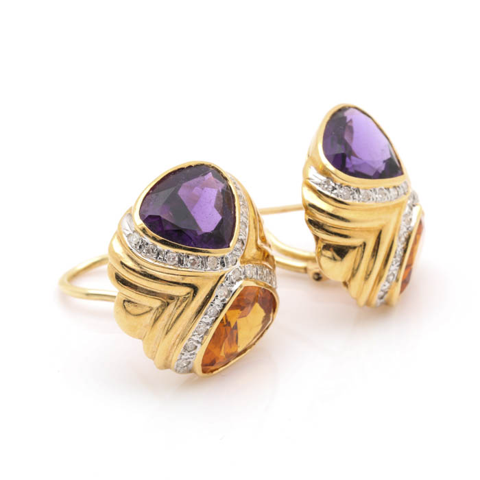18K Yellow Gold Amethyst, Citrine, and Diamond Earrings