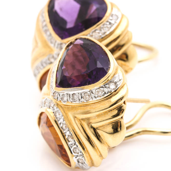 18K Yellow Gold Amethyst, Citrine, and Diamond Earrings