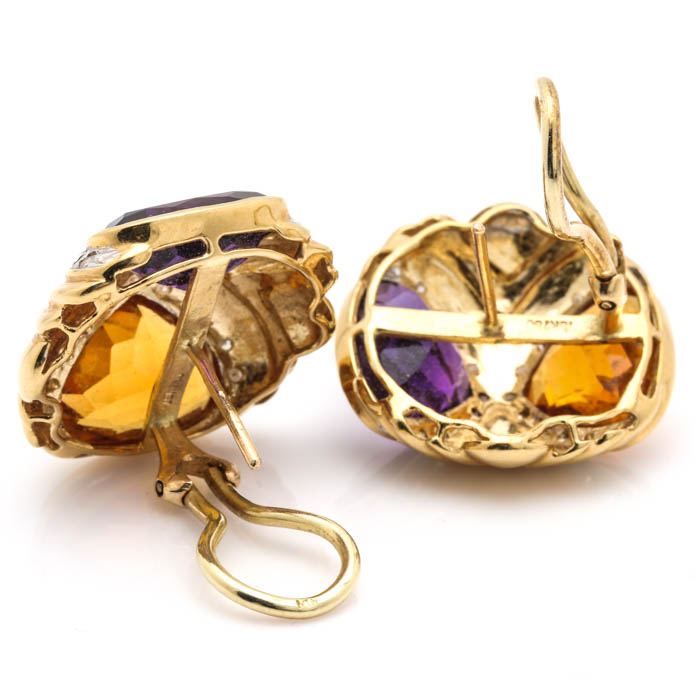 18K Yellow Gold Amethyst, Citrine, and Diamond Earrings