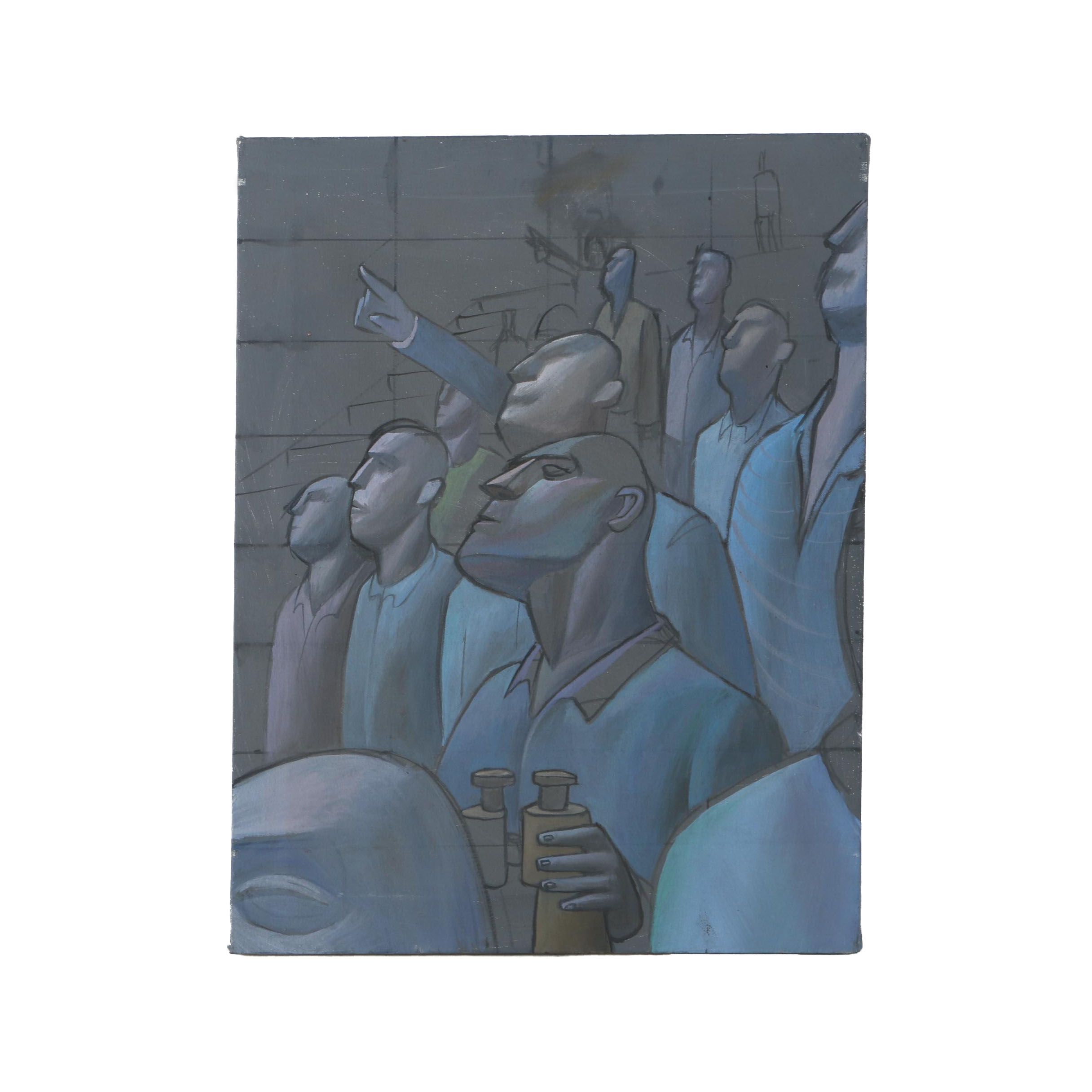 Acrylic on Canvas "Spectators" Attributed to David Walker