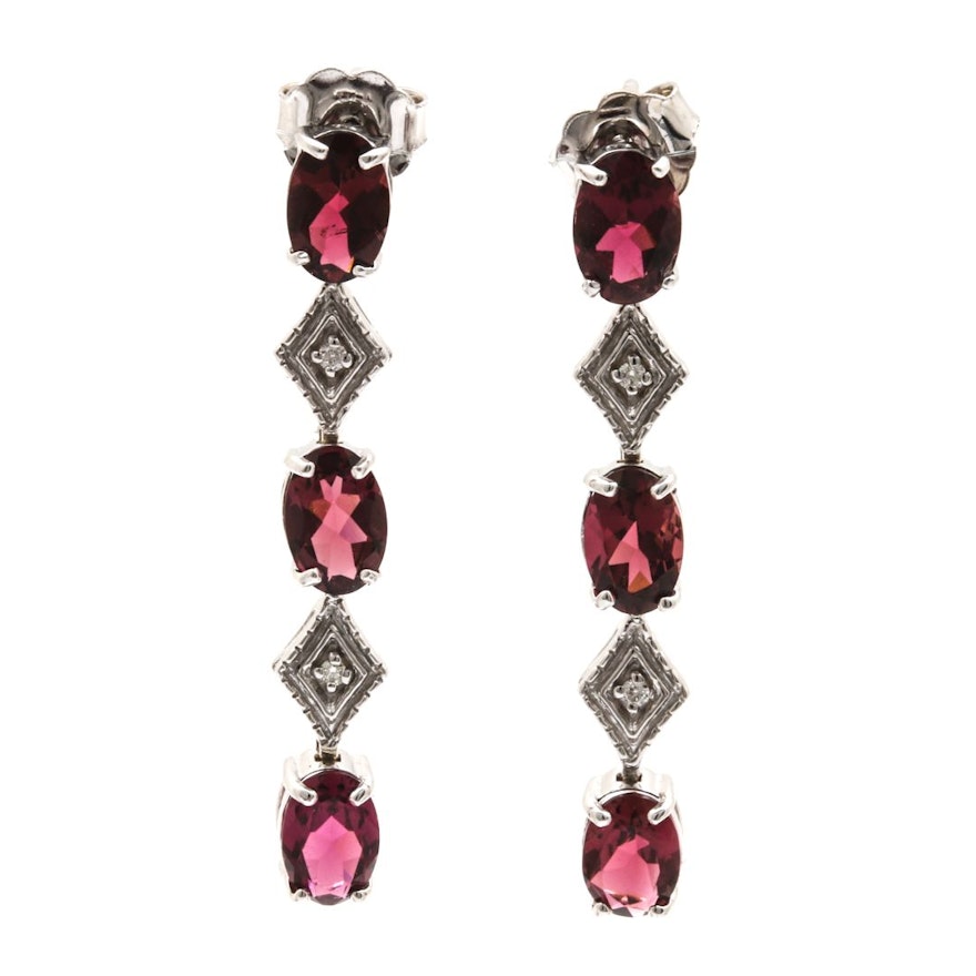 14K White Gold Pink Tourmaline and Diamond Dangle Earrings