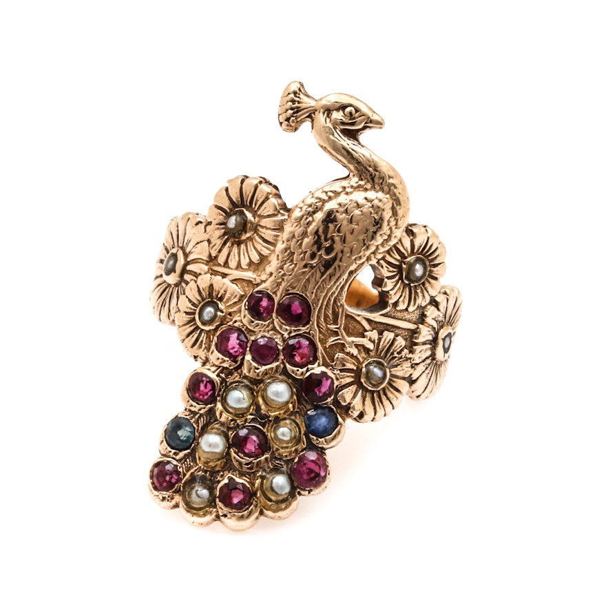 14K Yellow Gold Ruby, Sapphire, and Seed Pearl Peacock Ring
