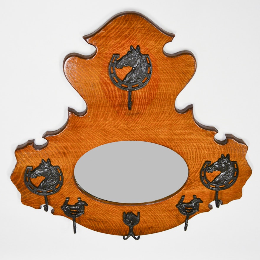 Vintage Carved Oak Horse Themed Beveled Wall Mirror with Hooks