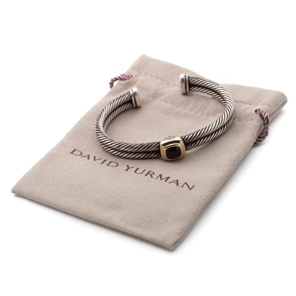 David Yurman Sterling Silver 18K Yellow Gold and Amethyst Cuff Bracelet
