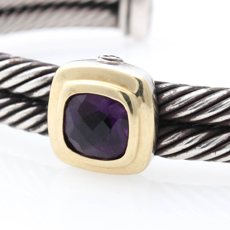 David Yurman Sterling Silver 18K Yellow Gold and Amethyst Cuff Bracelet