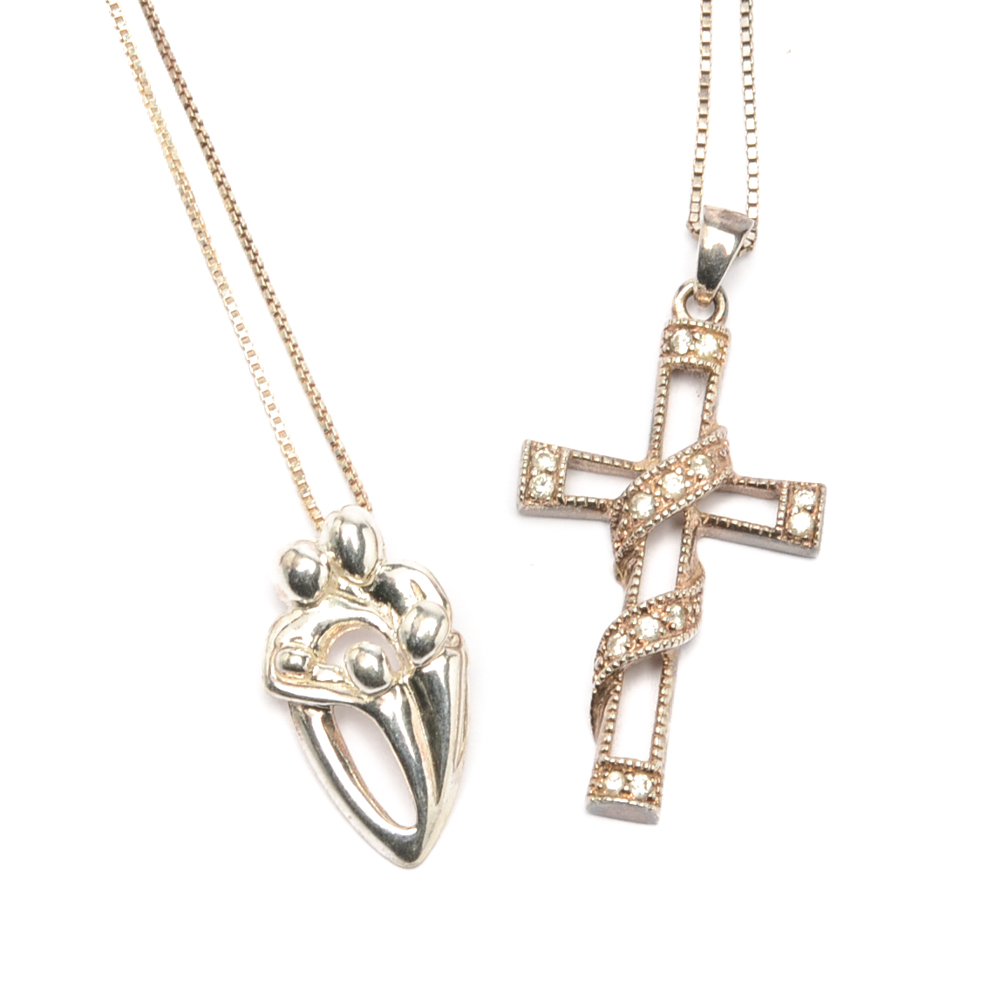 Sterling Silver Sashed Cross and Loving Family Pendant Necklaces