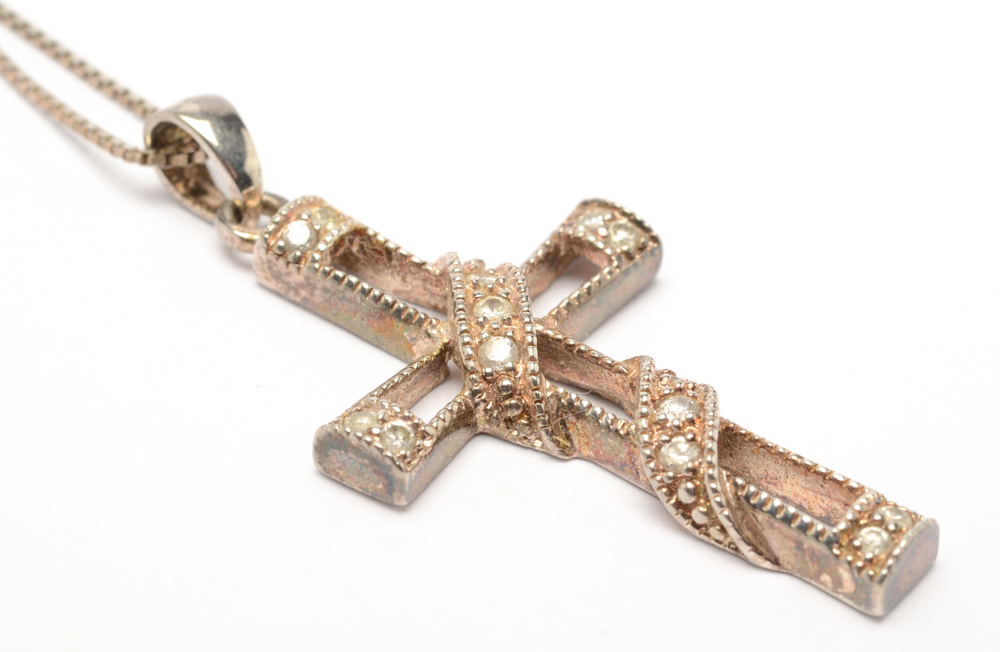 Sterling Silver Sashed Cross and Loving Family Pendant Necklaces
