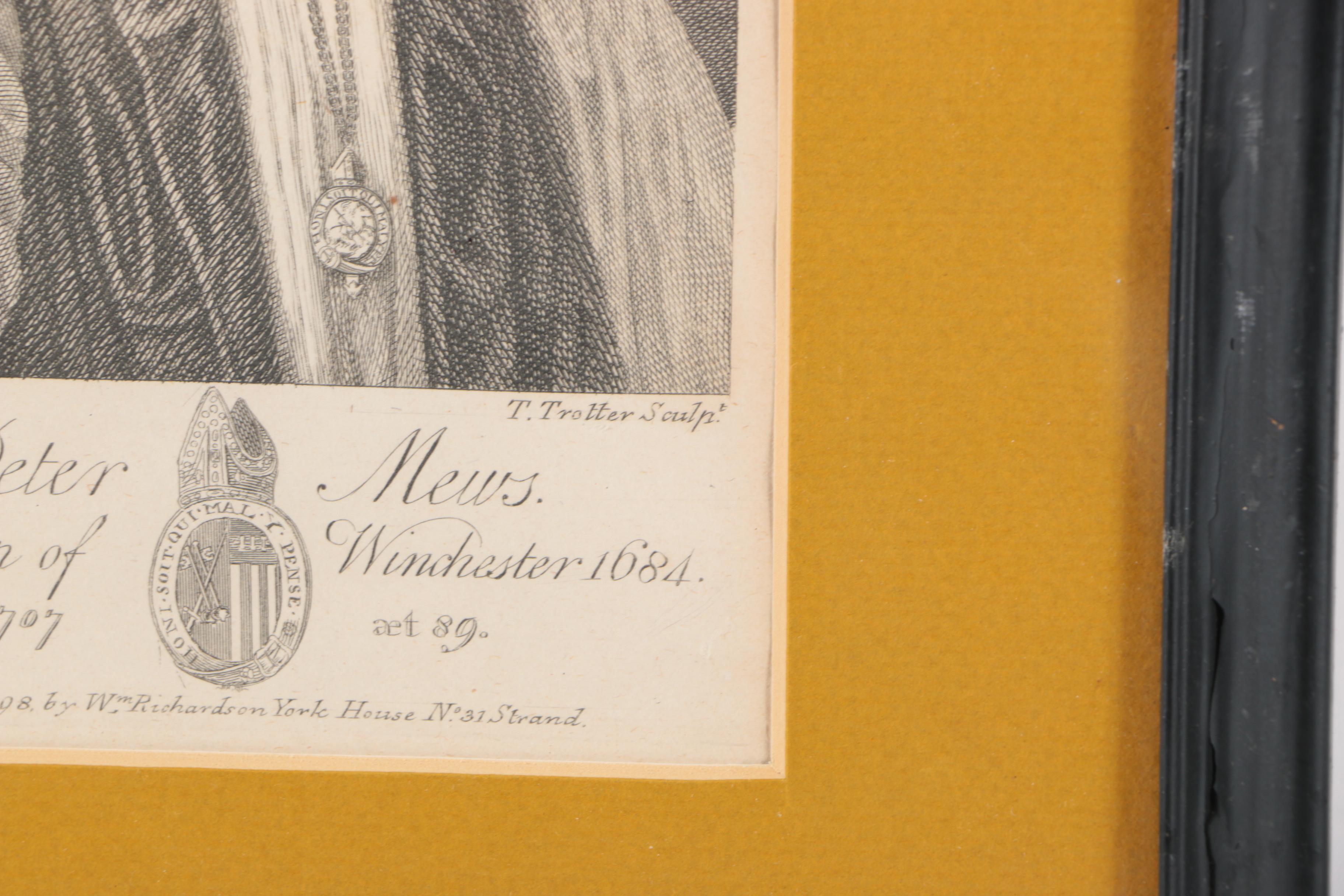Thomas Trotter Engraving on Paper of Dr. Peter Mews, Bishop of Winchester
