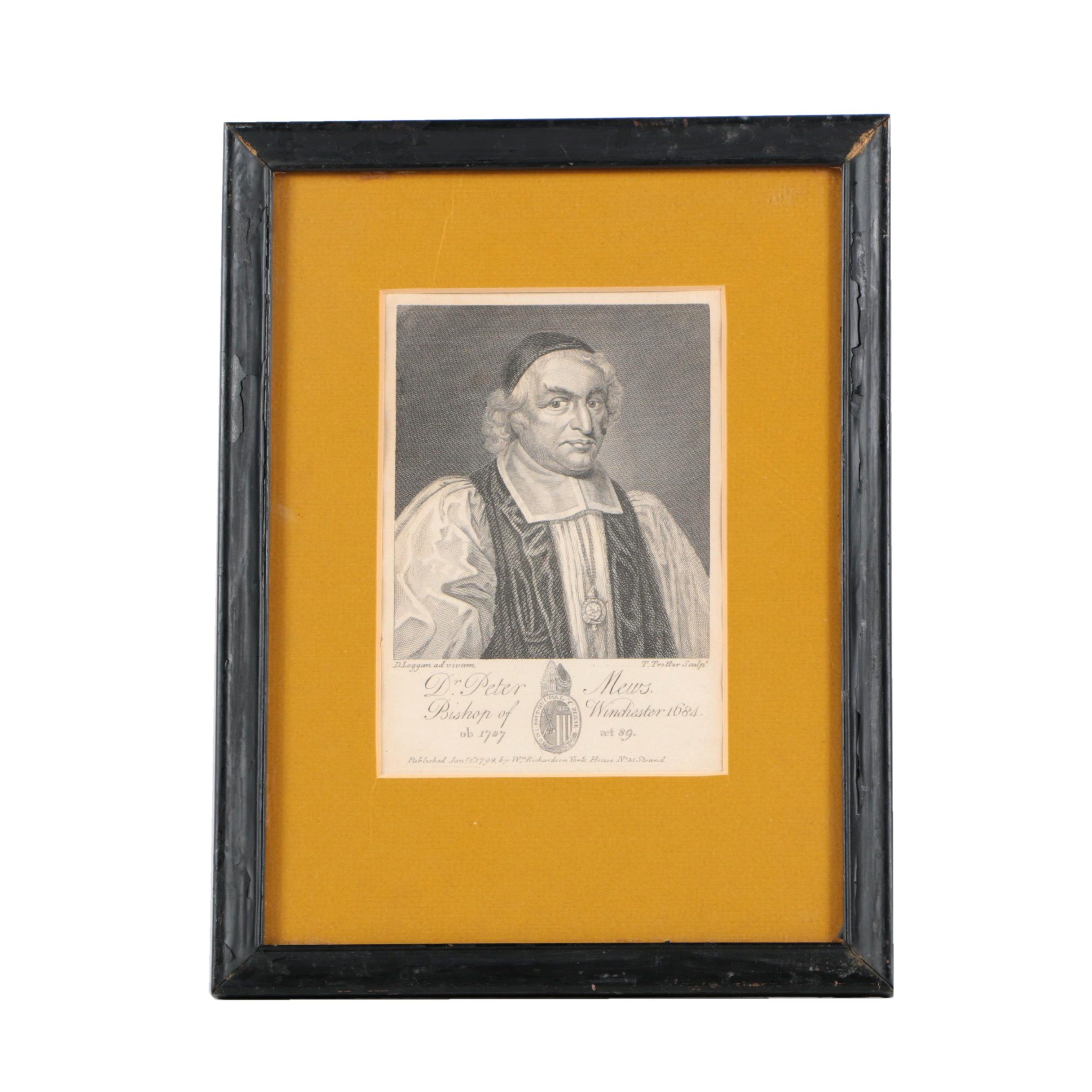 Thomas Trotter Engraving on Paper of Dr. Peter Mews, Bishop of Winchester