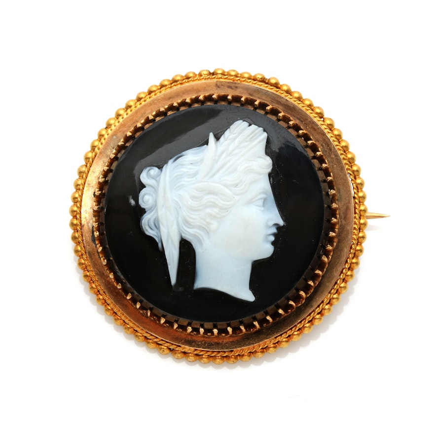 Victorian 18K and 14K Yellow Gold Onyx Cameo Brooch