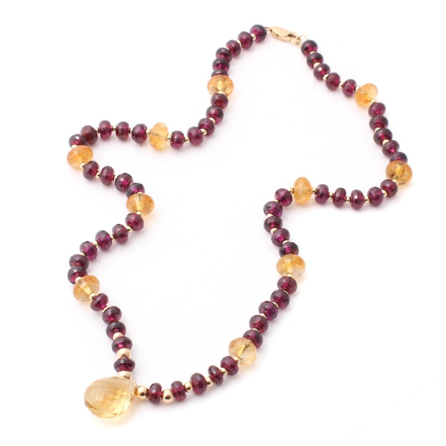 14K Yellow Gold Citrine and Garnet Necklace