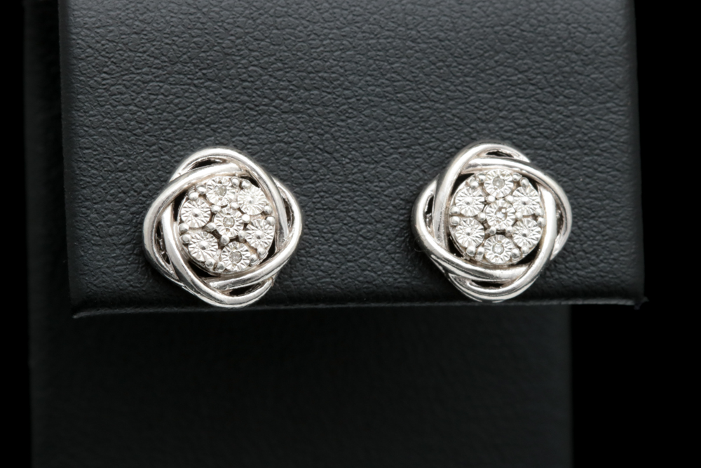 Sterling Silver and Diamond Cluster Earrings
