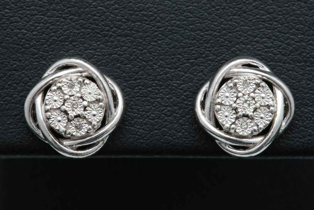 Sterling Silver and Diamond Cluster Earrings