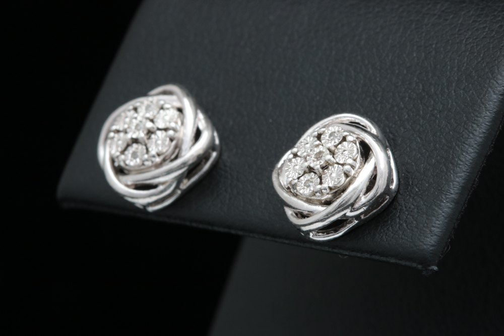 Sterling Silver and Diamond Cluster Earrings