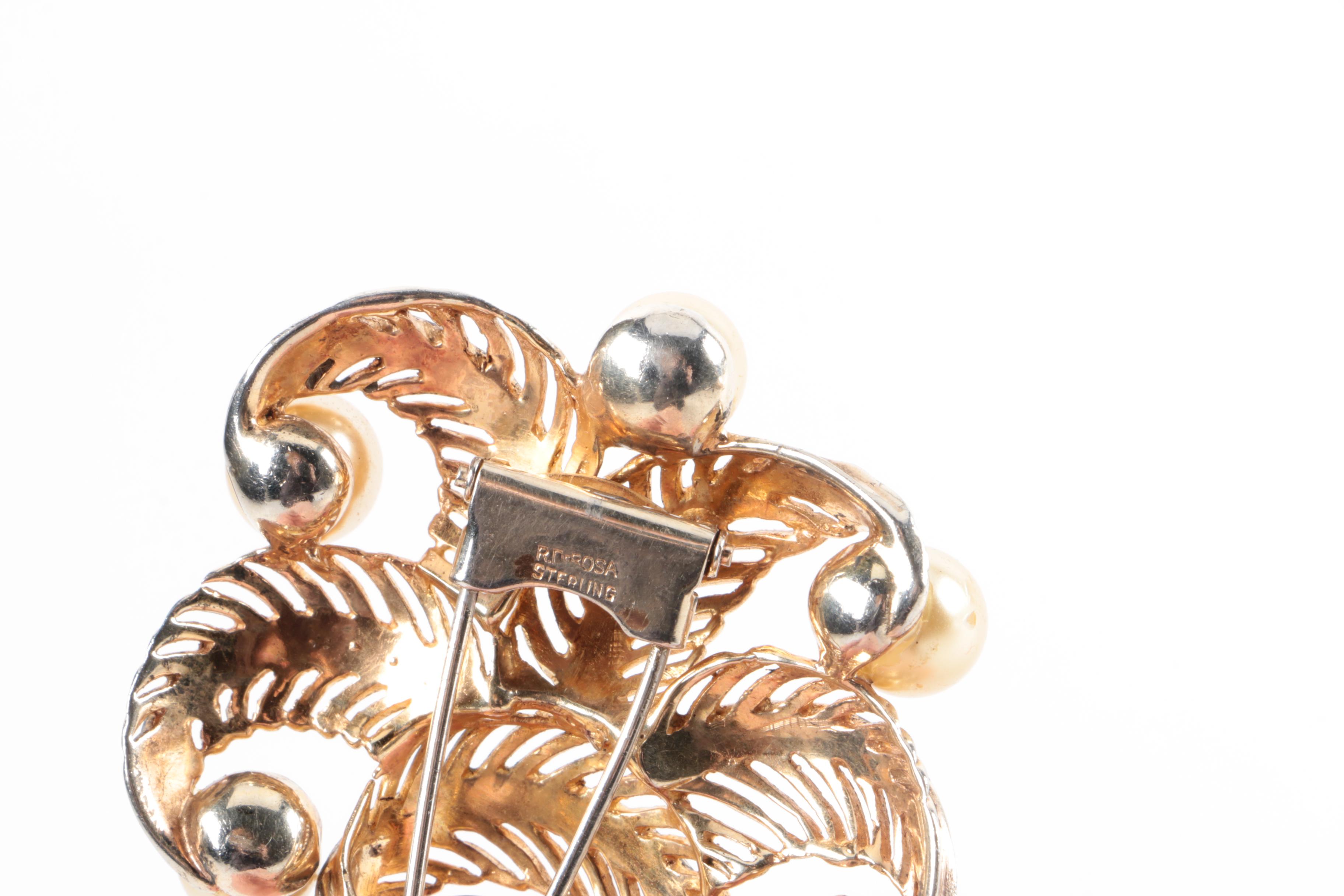 Vintage Ralph DeRosa Gold Wash Over Sterling Silver Foliate Brooch