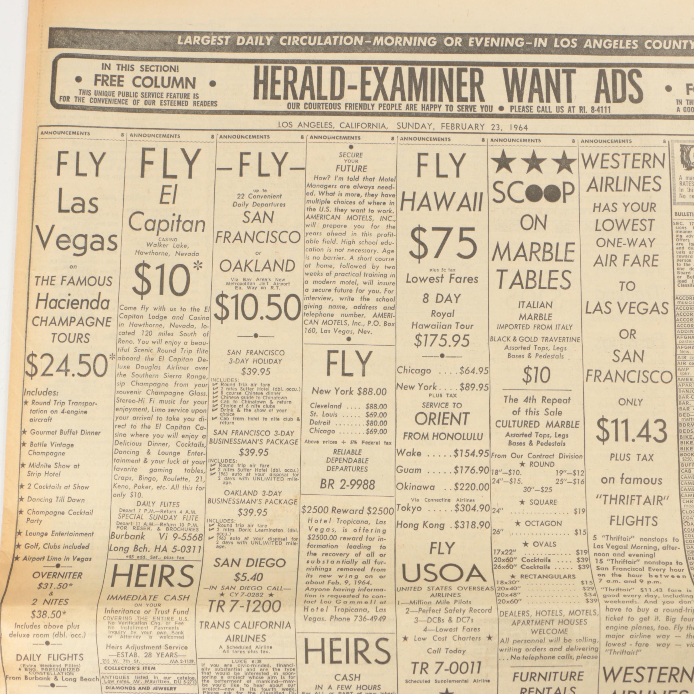 1964 Los Angeles Herald-Examiner Newspaper