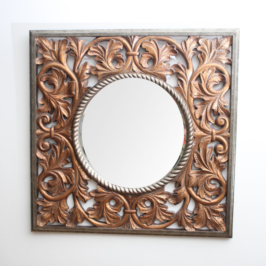 Gold Tone Wall Mirror with Scrolled Leaf Motif