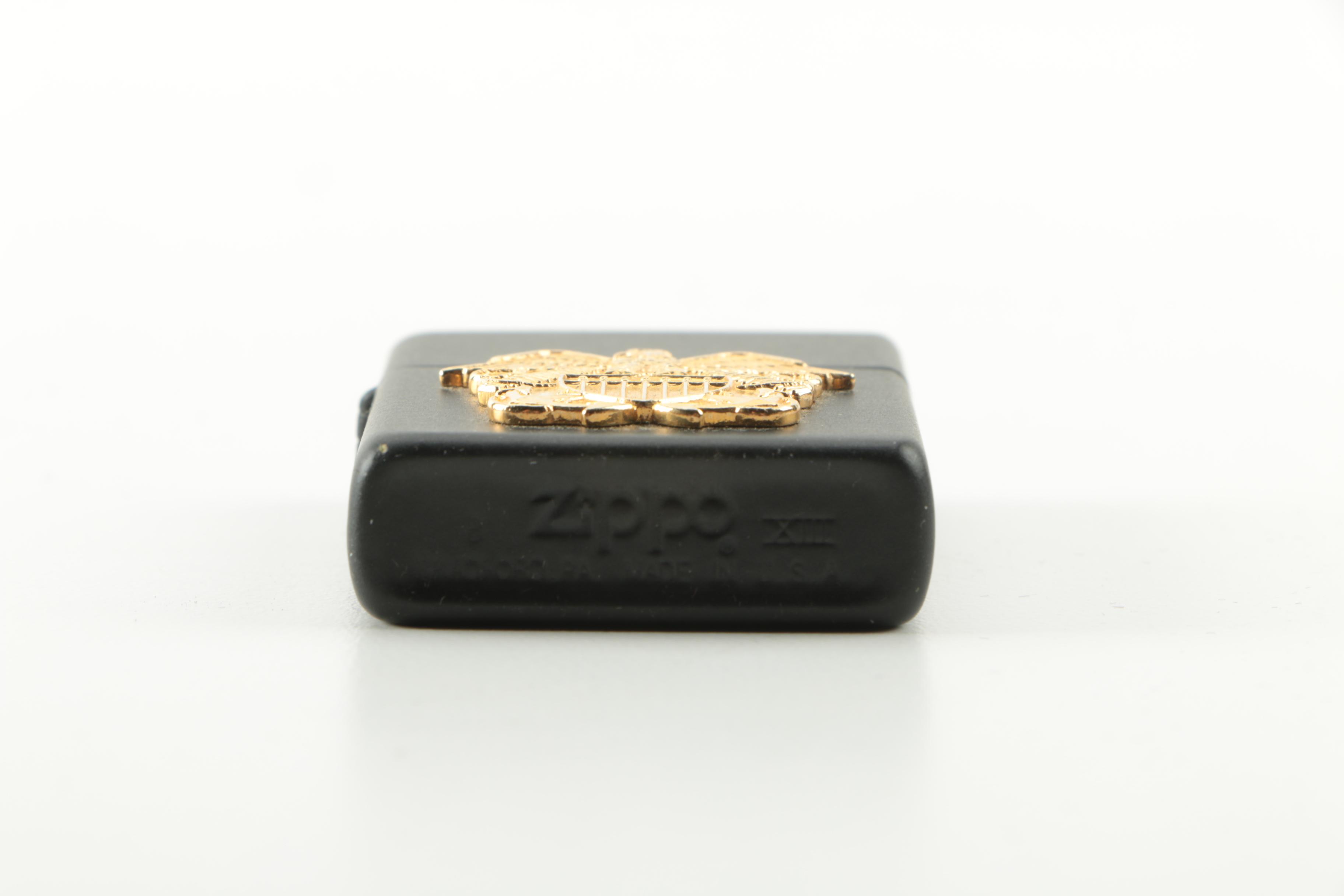 Zippo Lighter with Gold Tone Eagle and Shield Medallion