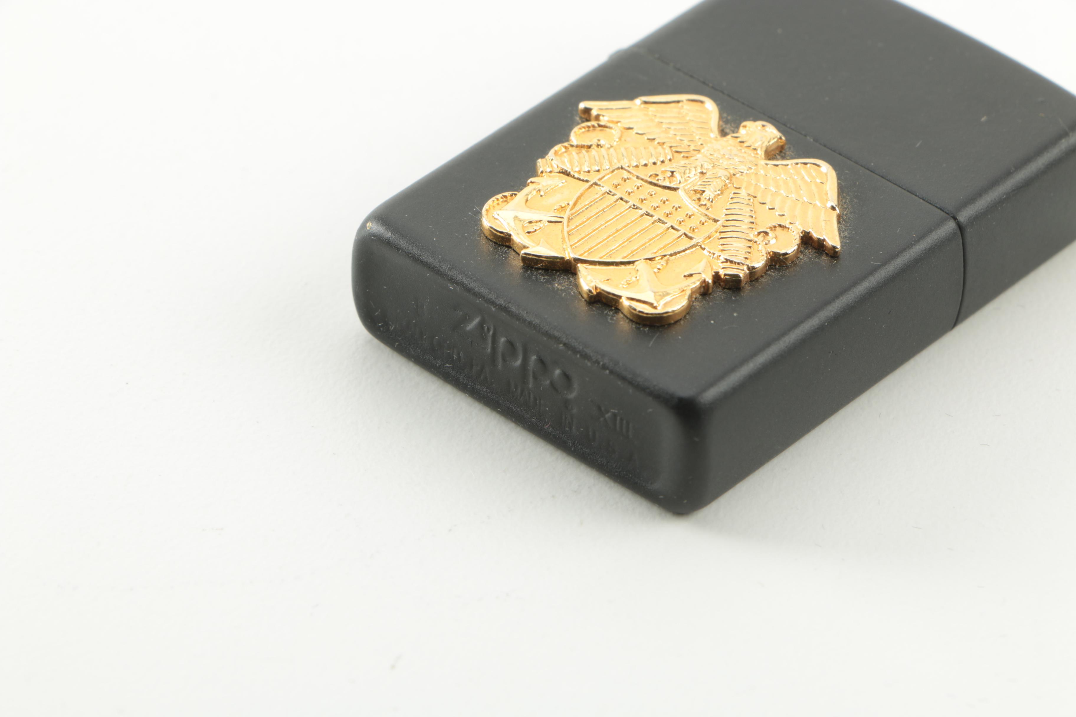 Zippo Lighter with Gold Tone Eagle and Shield Medallion