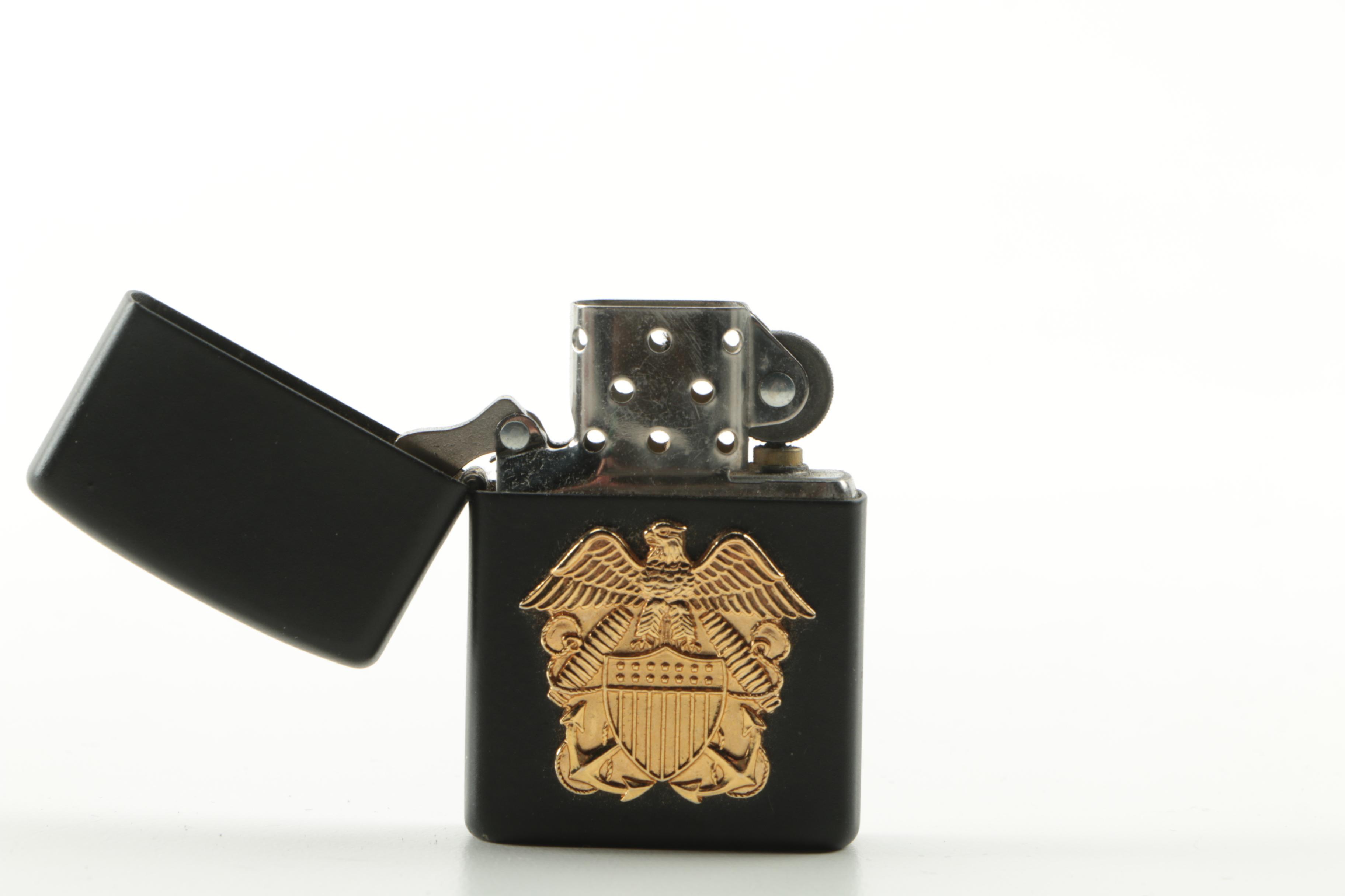 Zippo Lighter with Gold Tone Eagle and Shield Medallion