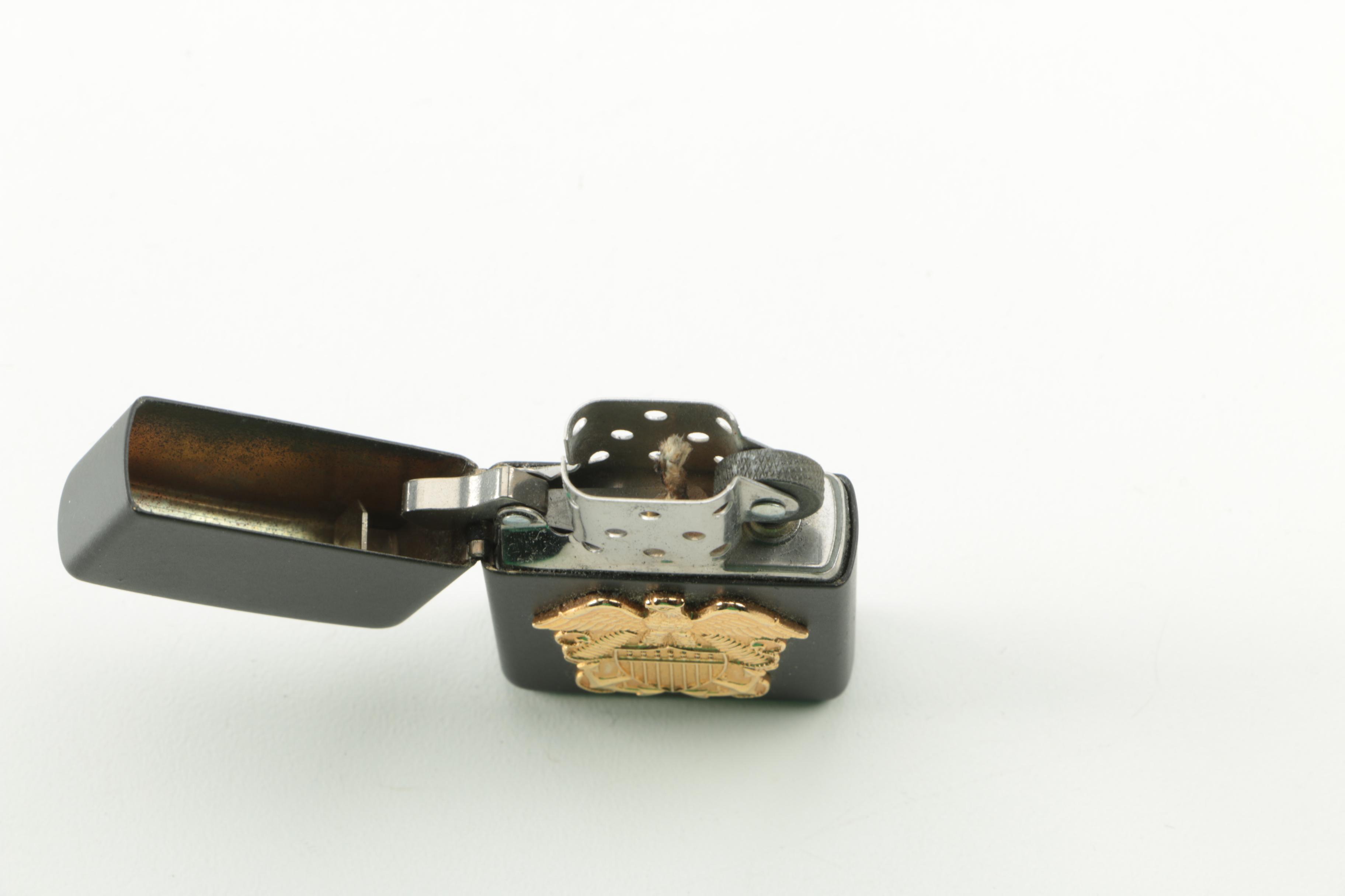 Zippo Lighter with Gold Tone Eagle and Shield Medallion