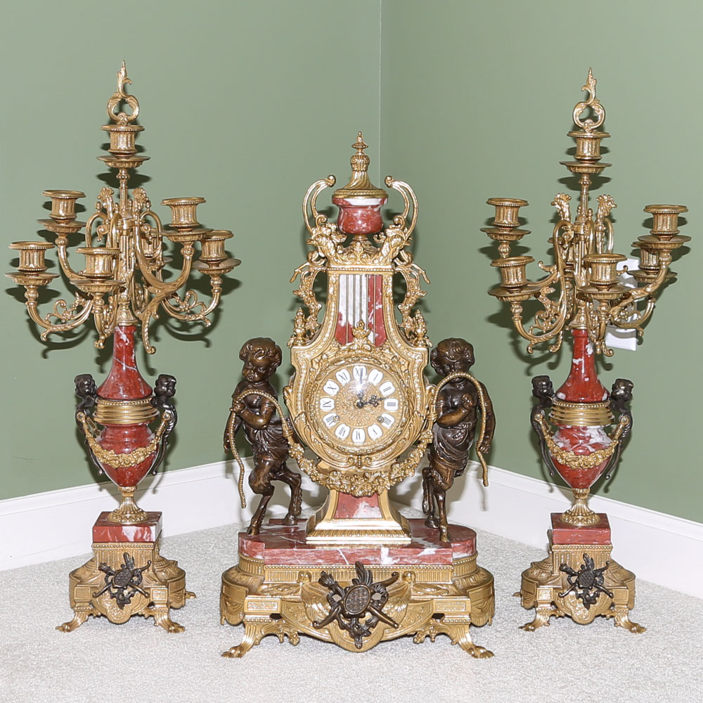 Reproduction Italian Brass, Bronze and Marble Mantel Garniture Set