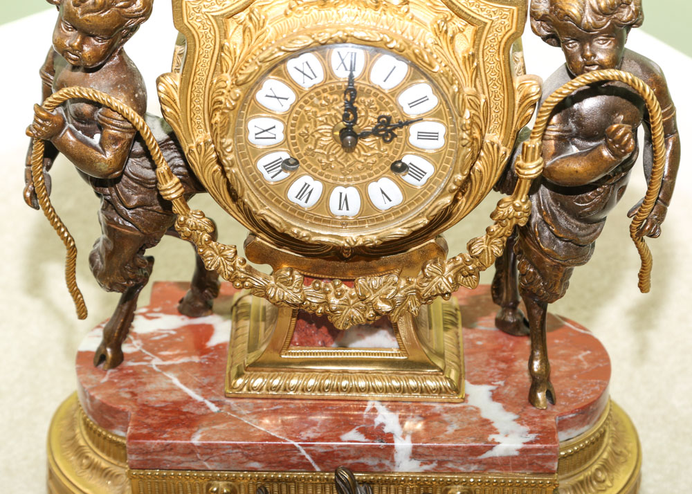 Reproduction Italian Brass, Bronze and Marble Mantel Garniture Set