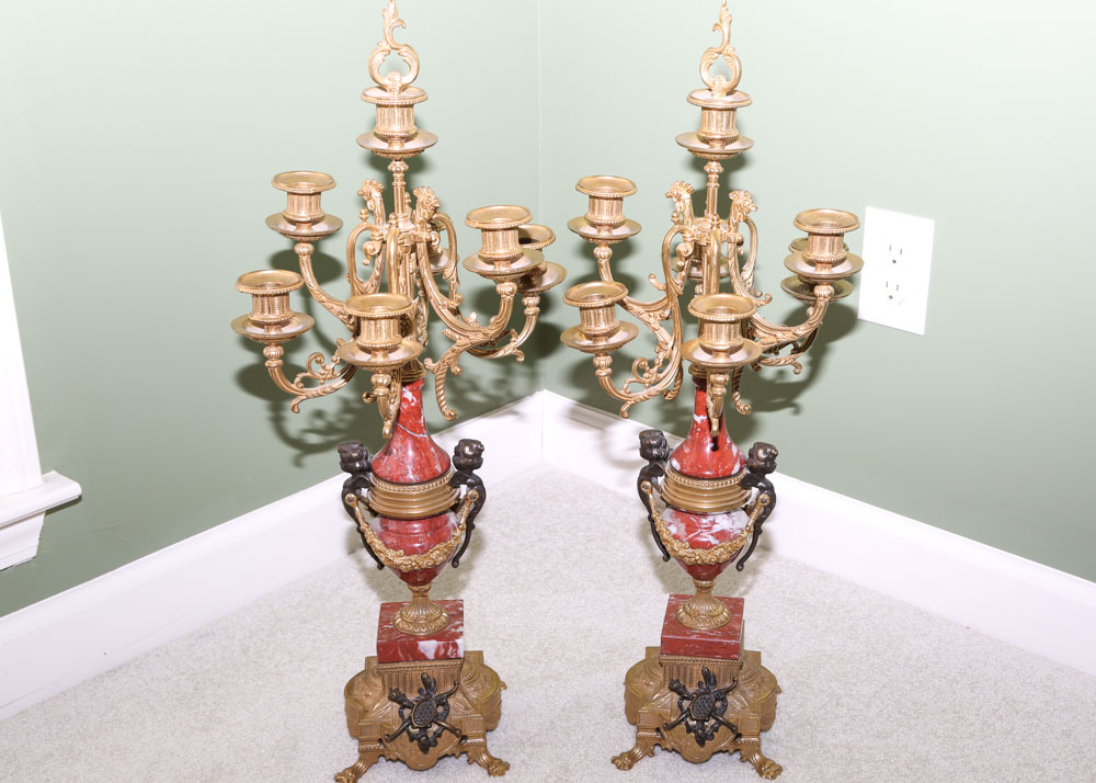 Reproduction Italian Brass, Bronze and Marble Mantel Garniture Set