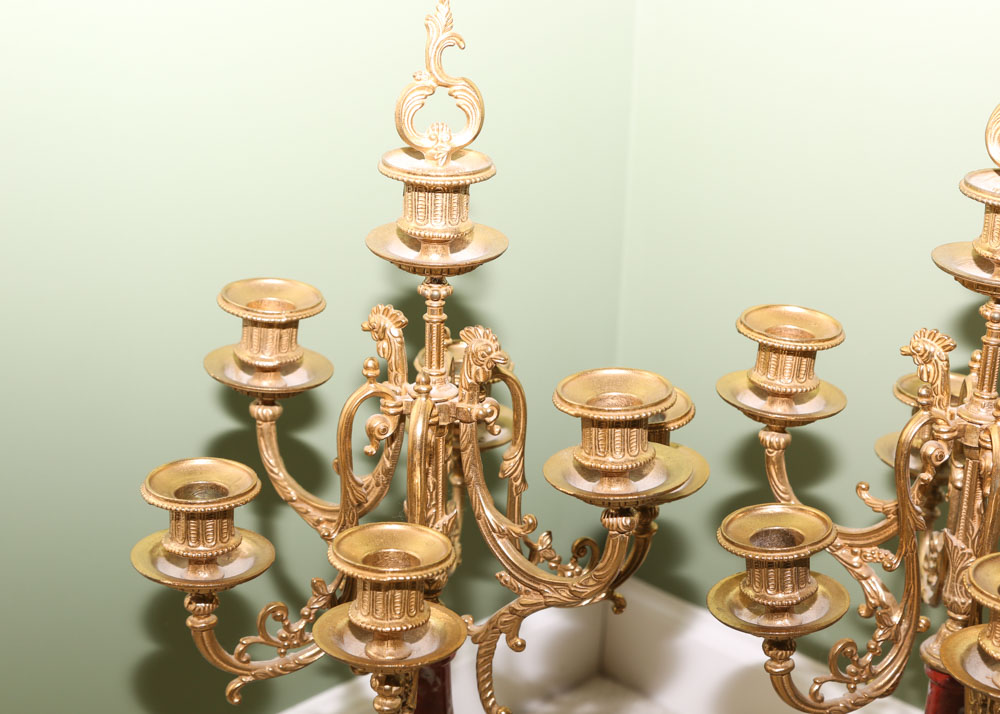 Reproduction Italian Brass, Bronze and Marble Mantel Garniture Set