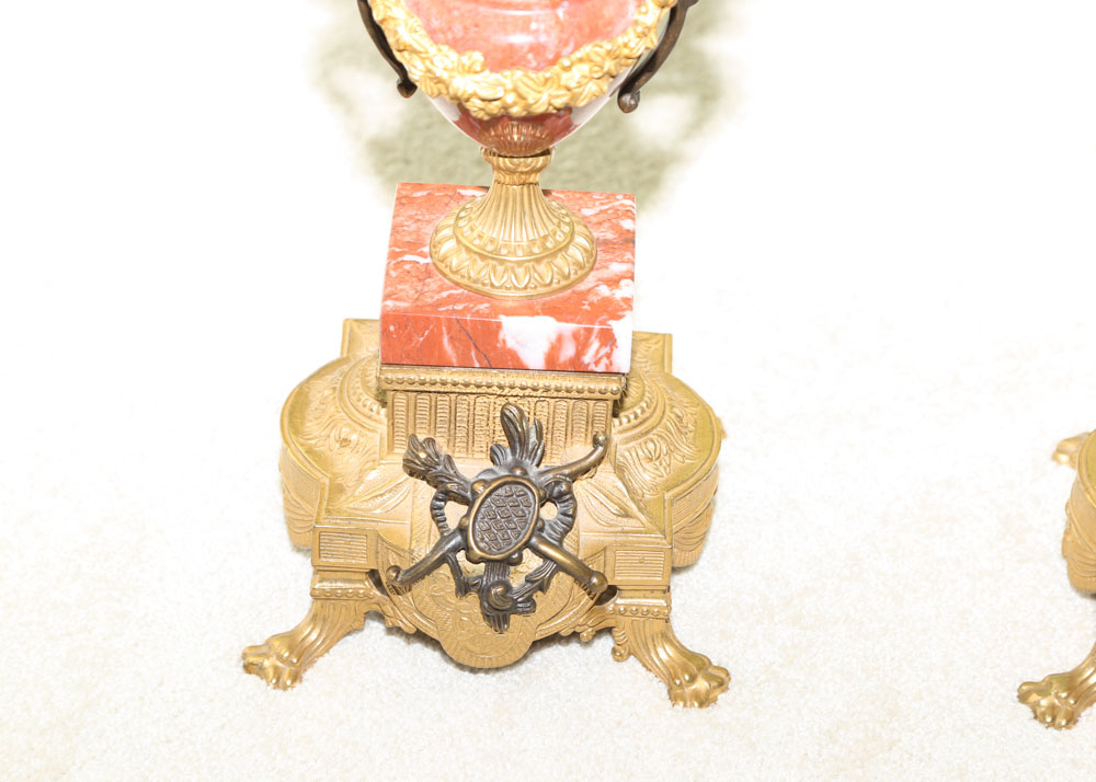 Reproduction Italian Brass, Bronze and Marble Mantel Garniture Set