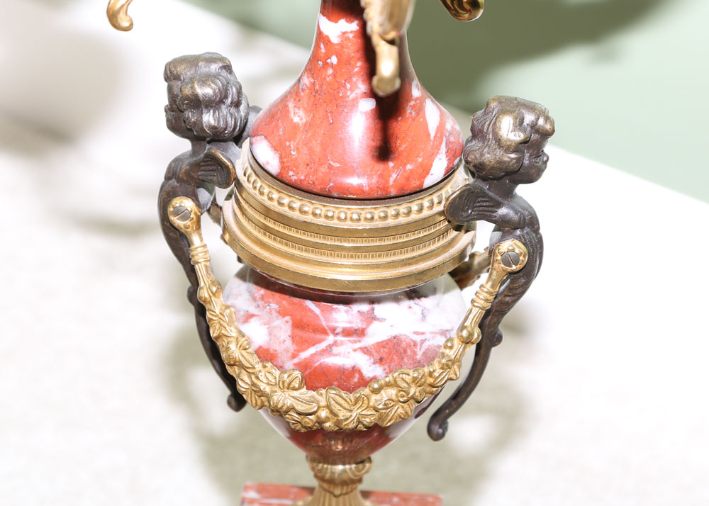 Reproduction Italian Brass, Bronze and Marble Mantel Garniture Set