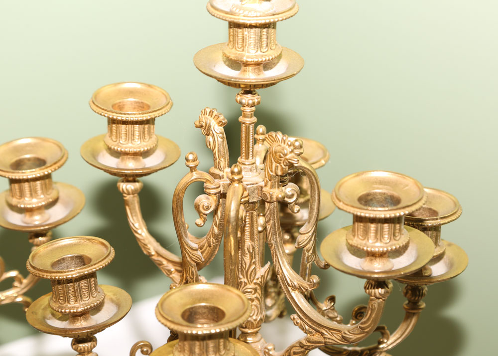 Reproduction Italian Brass, Bronze and Marble Mantel Garniture Set