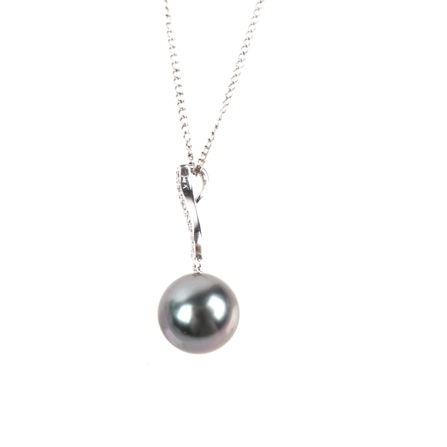 14K White Gold Cultured Pearl and Diamond Pendant Necklace