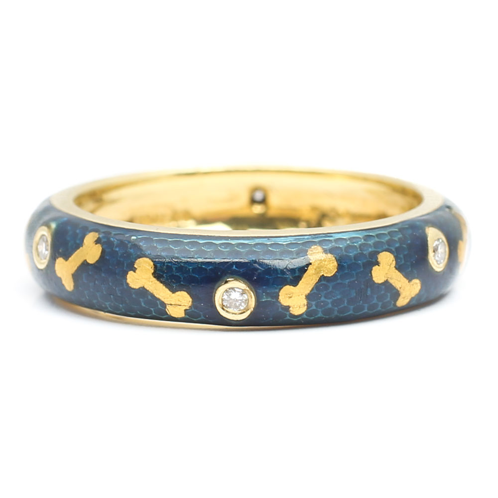 Hidalgo 18K Yellow Gold Paillonné Blue Enamel Band with Diamonds and Dog Bones