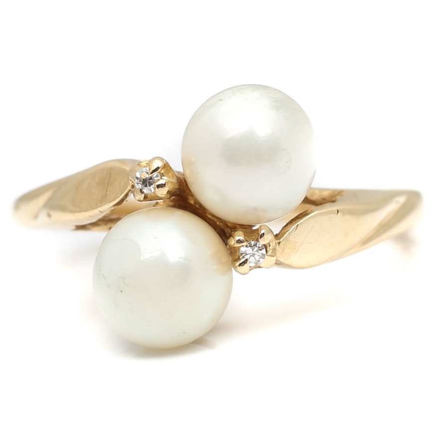 14K Yellow Gold Cultured Pearl and Diamond Bypass Ring