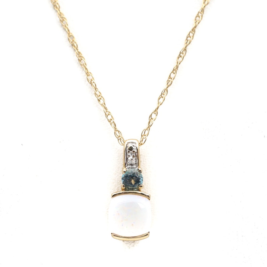 10K Yellow Gold Opal, Blue Topaz and Diamond Pendant and 14K Yellow Gold Chain