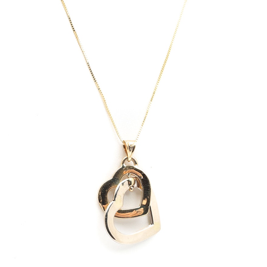 18K White and Yellow Gold Double Heart Pendant and 14K Yellow Gold Chain
