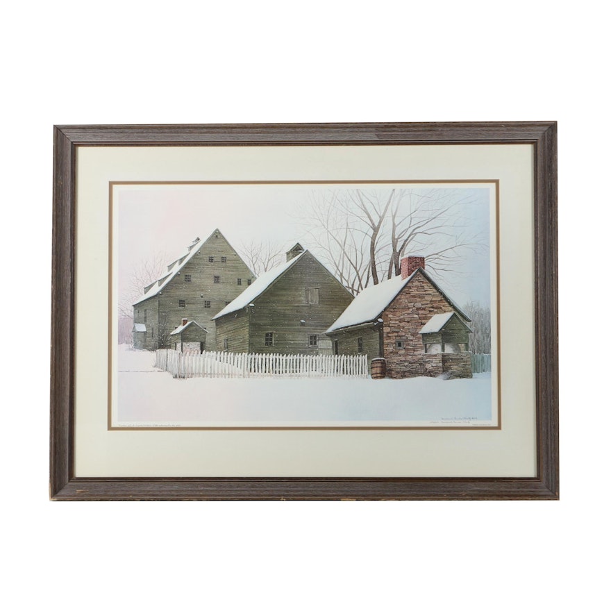 Mildred Sands Kratz 1978 Limited Edition Print of Barns in Winter Landscape