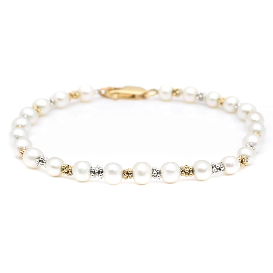 14K Yellow Gold Freshwater Pearl Bead Spacer Bracelet