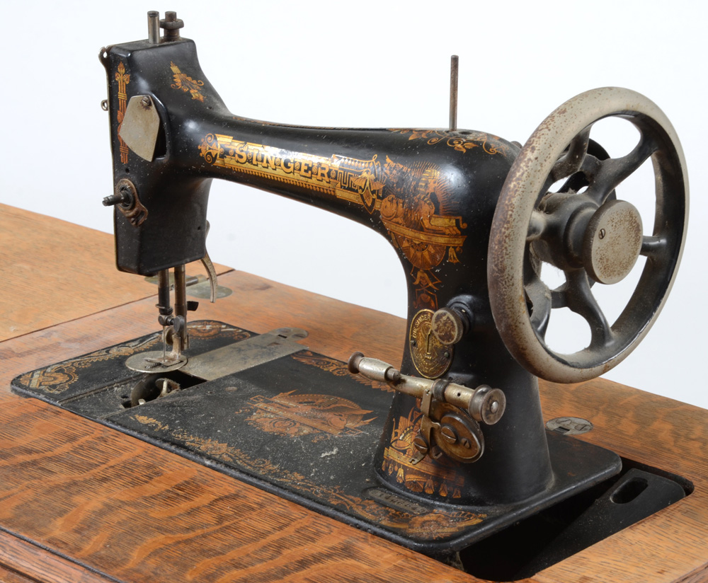 Antique Oak Singer Sewing Machine Table with Accessories